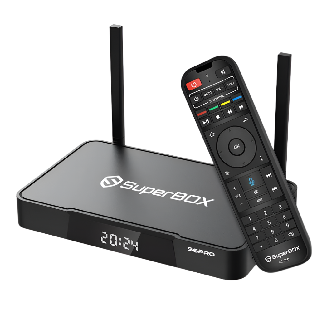 SuperBox TV box with remote control on a white background