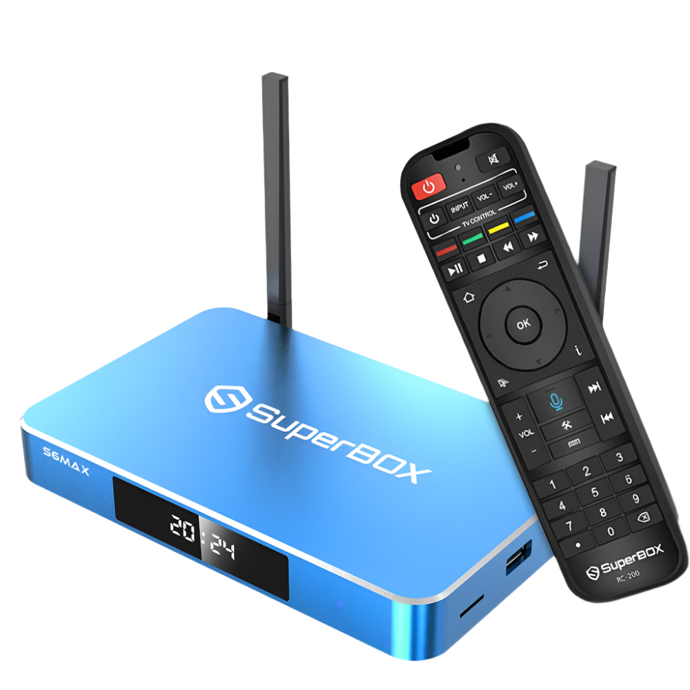Blue SuperBox device with remote control on a white background
