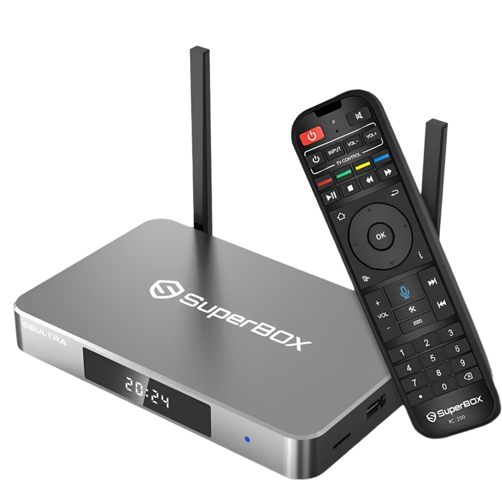 SuperBox TV box with remote control on a white background
