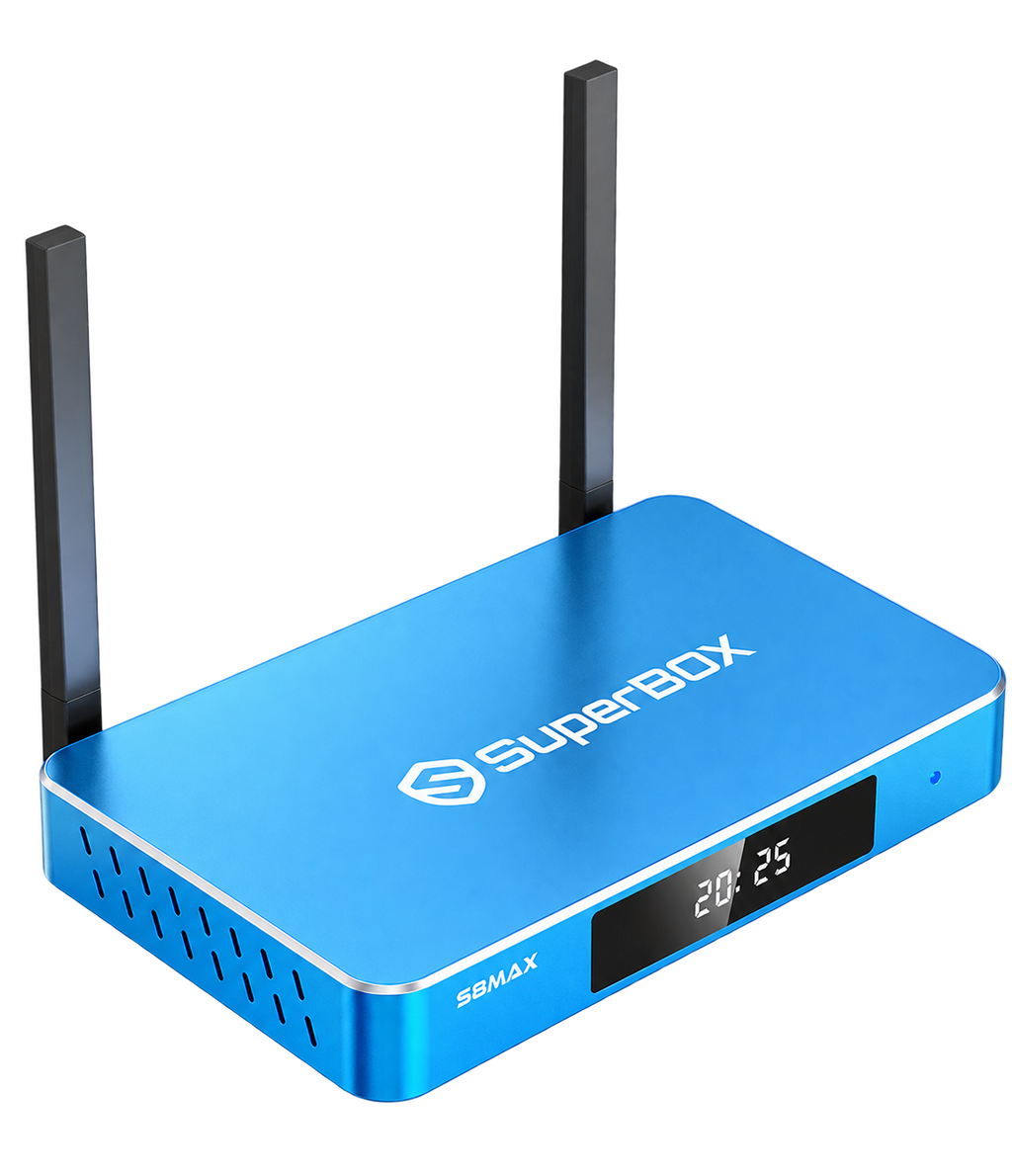 SuperBox S8 Max dark blue streaming device with dual antennas, isolated on a transparent background.