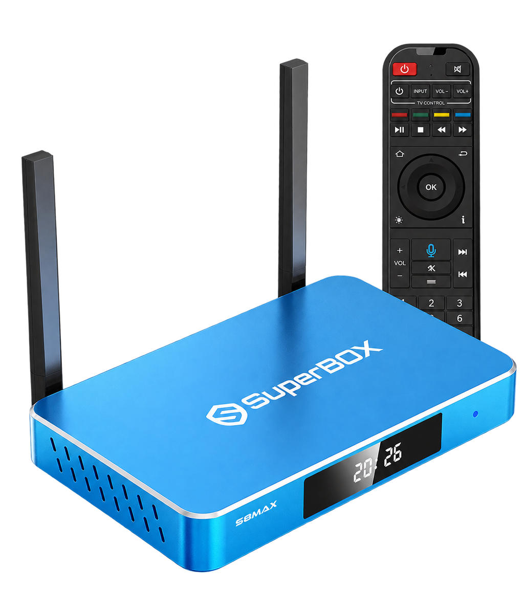 SuperBox S8 Max streaming device and voice remote, isolated on a transparent background.