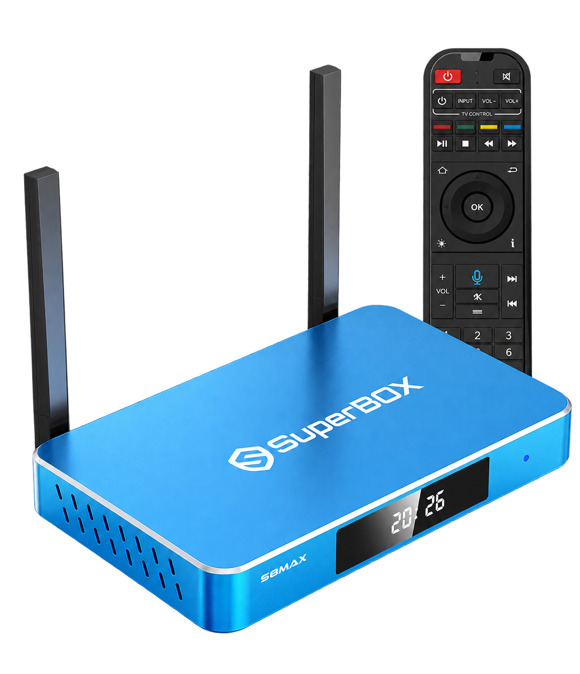 SuperBox S8 Max streaming device and voice remote, isolated on a transparent background.