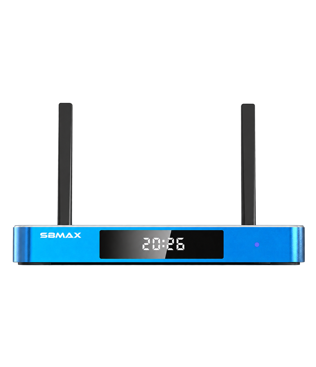 SuperBox S8 Max front view with dual antennas, isolated on a transparent background.