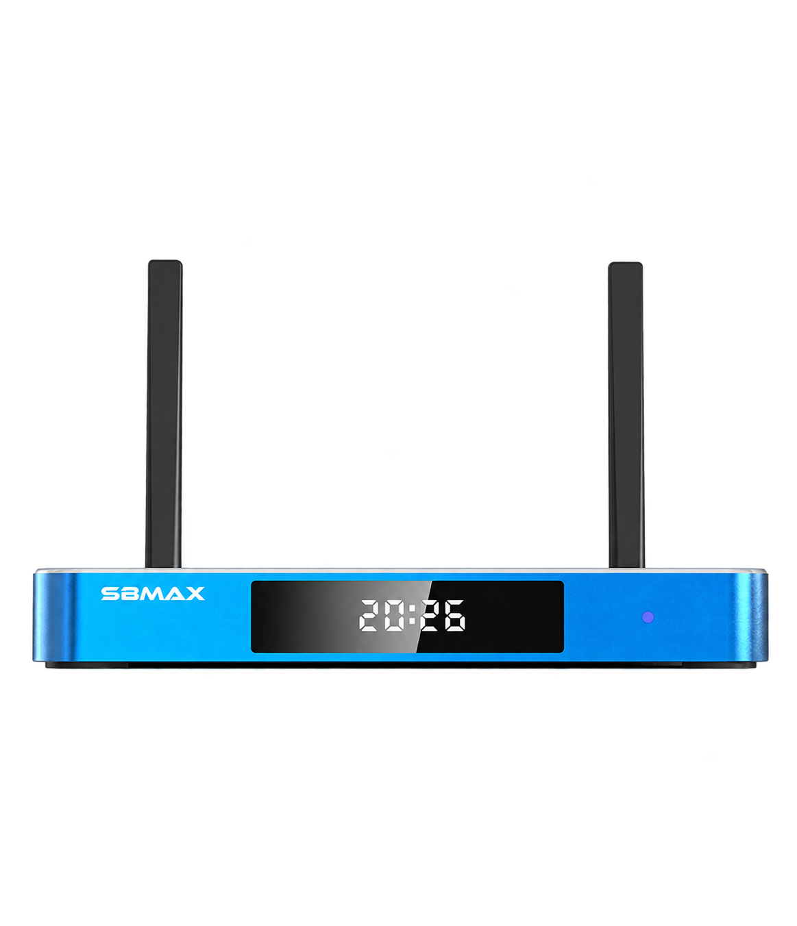 SuperBox S8 Max front view with dual antennas, isolated on a transparent background.