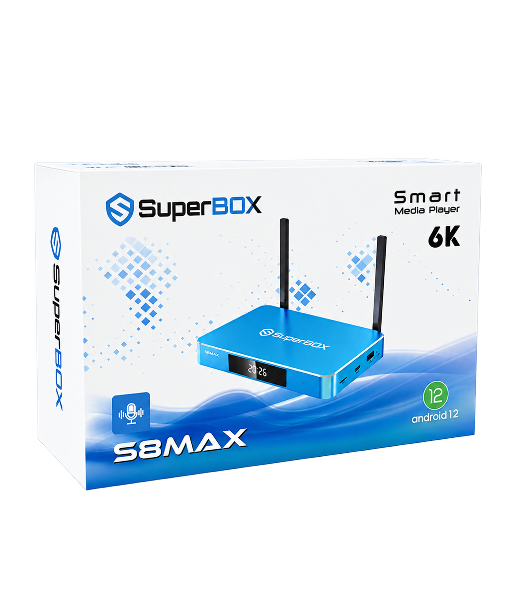 SuperBox S8 Max retail packaging and streaming device, isolated on a transparent background.