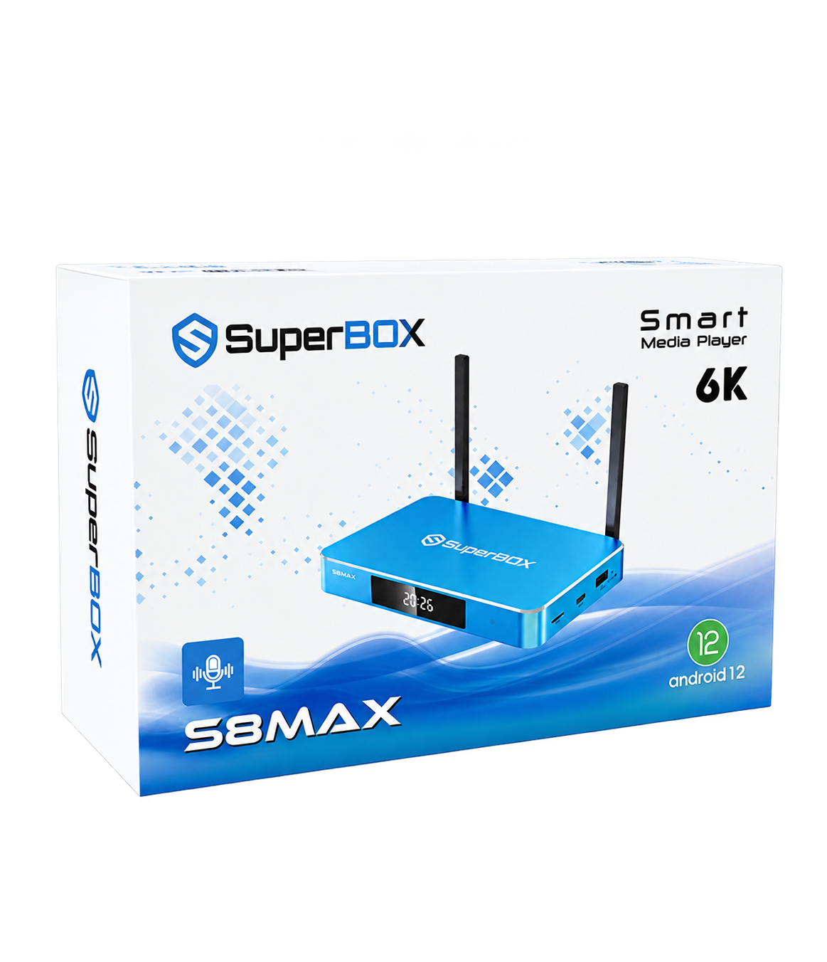 SuperBox S8 Max retail packaging and streaming device, isolated on a transparent background.