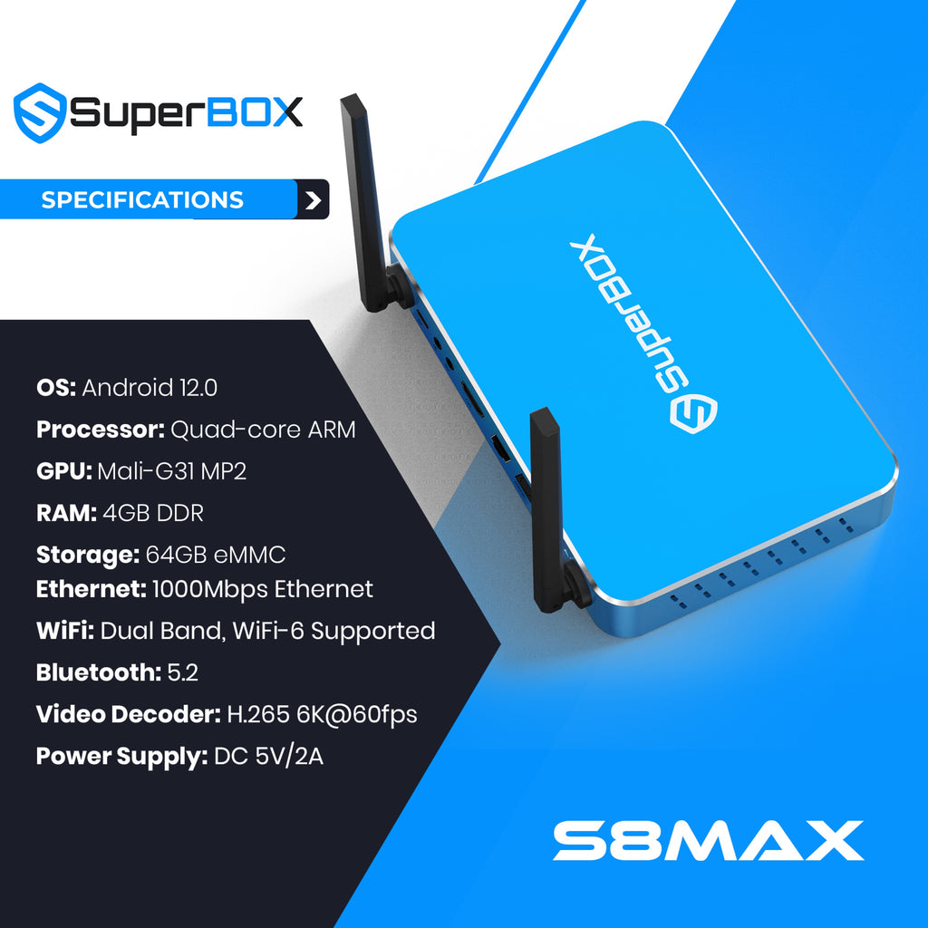 SuperBox S8 Max feature and specification chart.