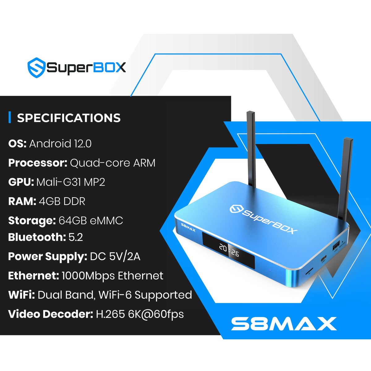 SuperBox S8 Max technical specification sheet.