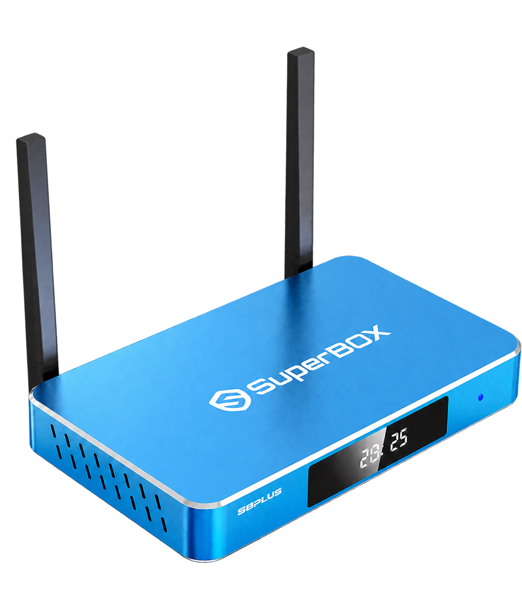 SuperBox S8 Plus blue streaming device with dual antennas, isolated on a transparent background.
