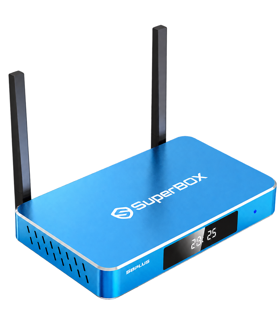 SuperBox S8 Plus blue streaming device with dual antennas, isolated on a transparent background.