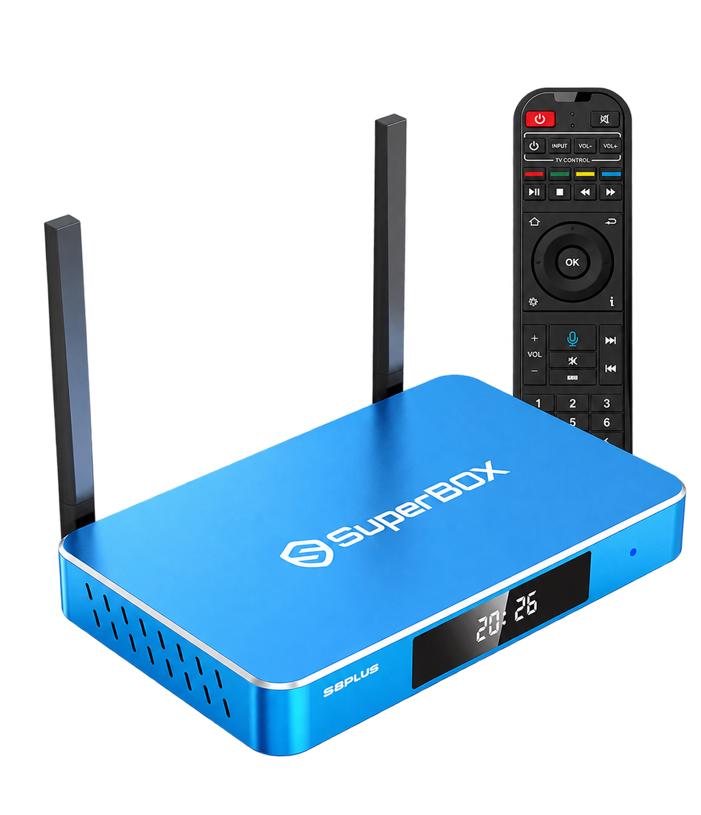 SuperBox S8 Plus streaming device and voice remote, isolated on a transparent background.