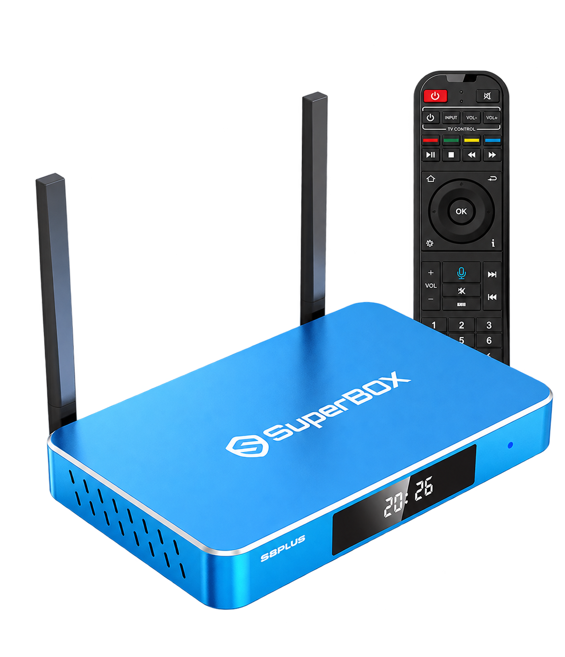 SuperBox S8 Plus streaming device and voice remote, isolated on a transparent background.