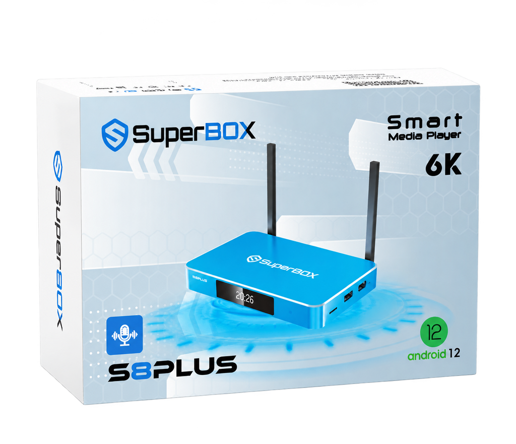 SuperBox S8 Plus retail packaging and streaming device, isolated on a transparent background.