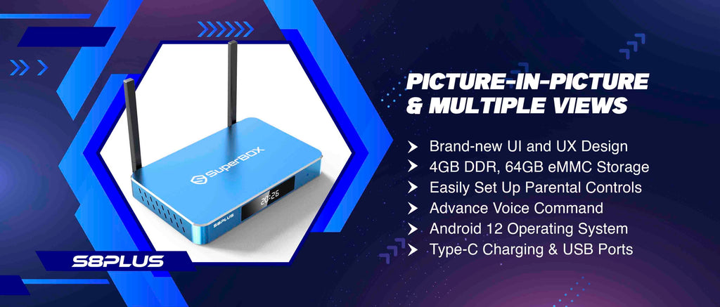 SuperBox S8 Plus landscape product features overview.