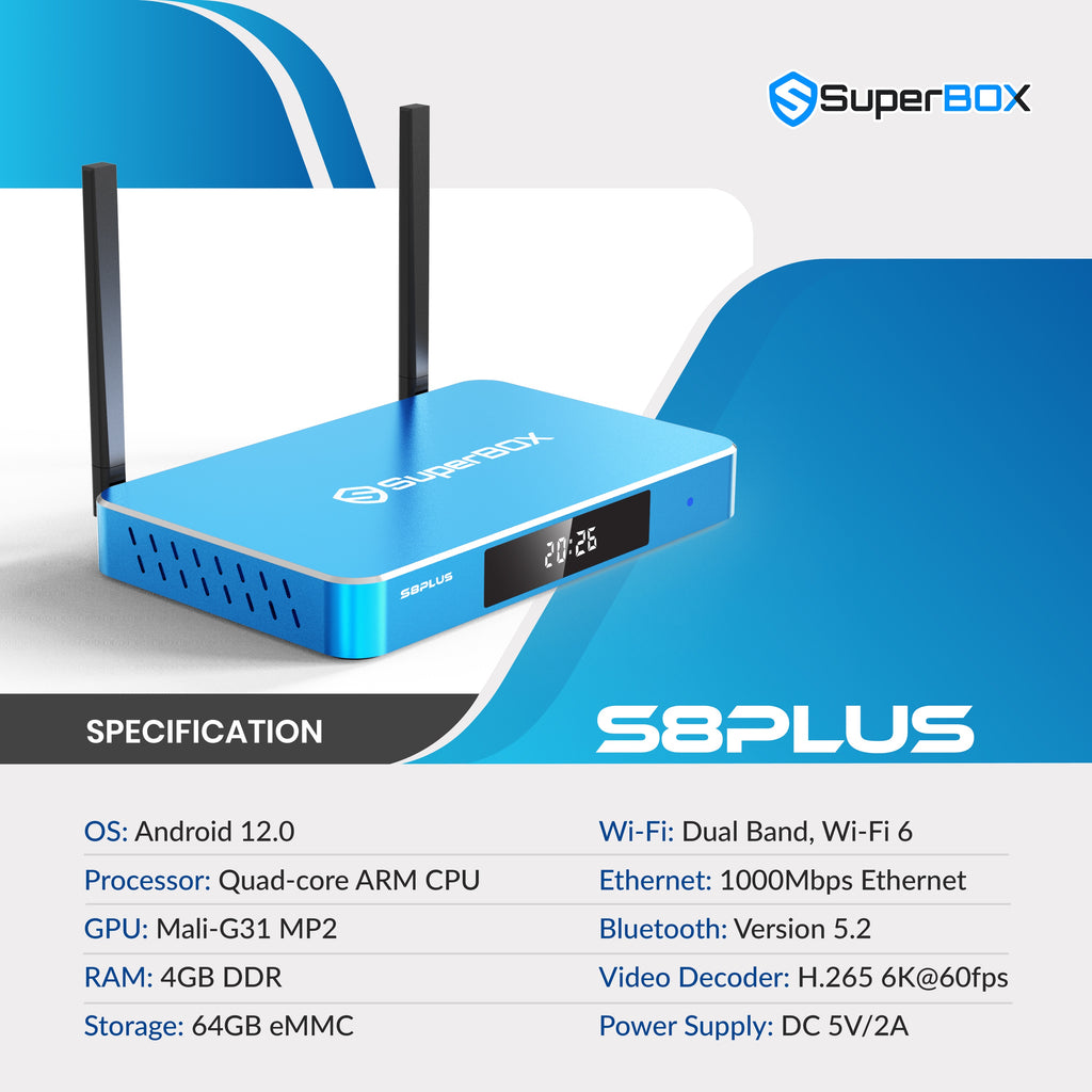 SuperBox S8 Plus technical specification sheet.