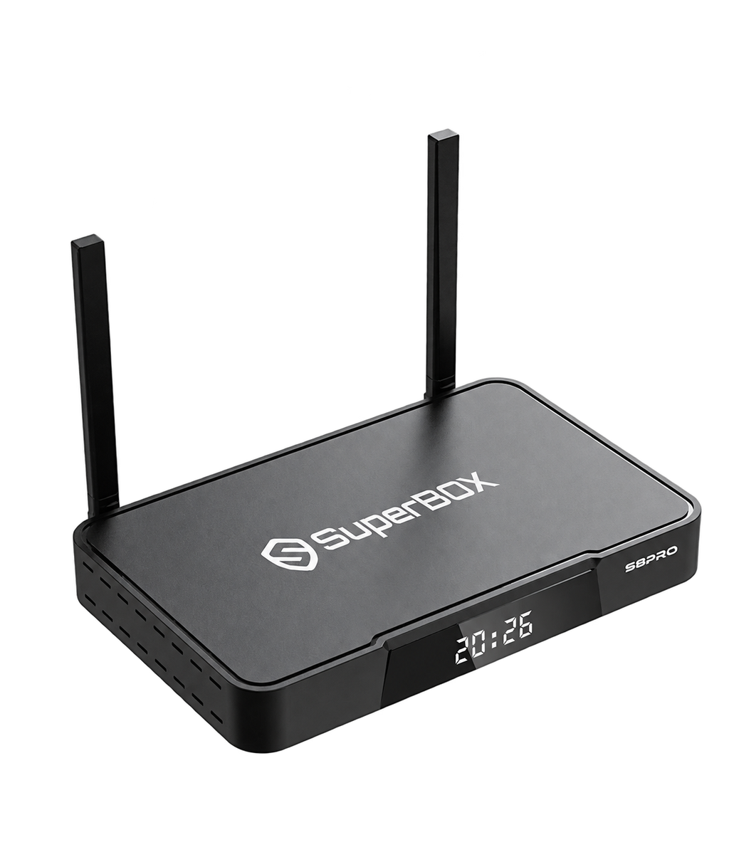 SuperBox S8 Pro black streaming device with dual antennas, isolated on a transparent background.