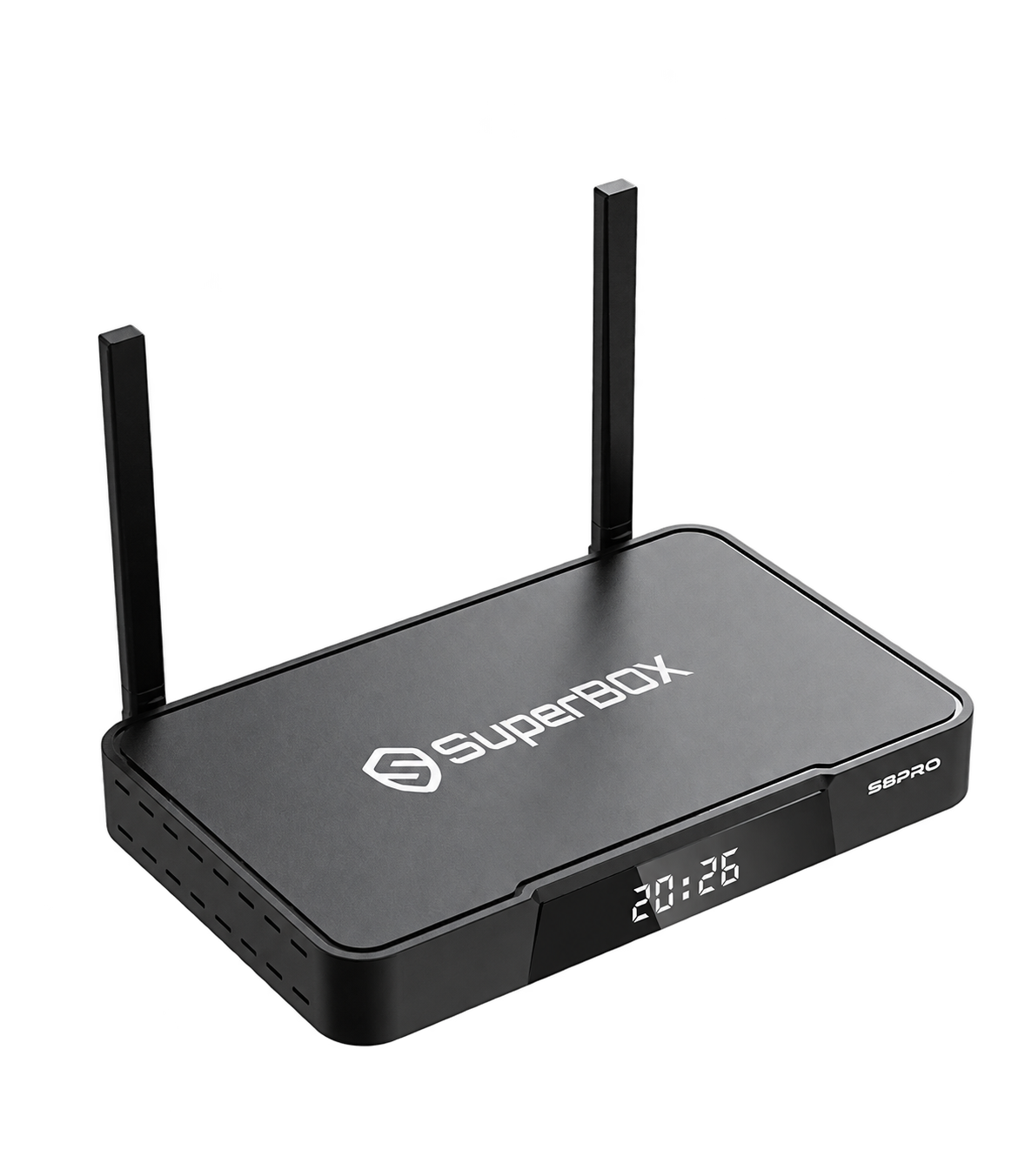 SuperBox S8 Pro black streaming device with dual antennas, isolated on a transparent background.