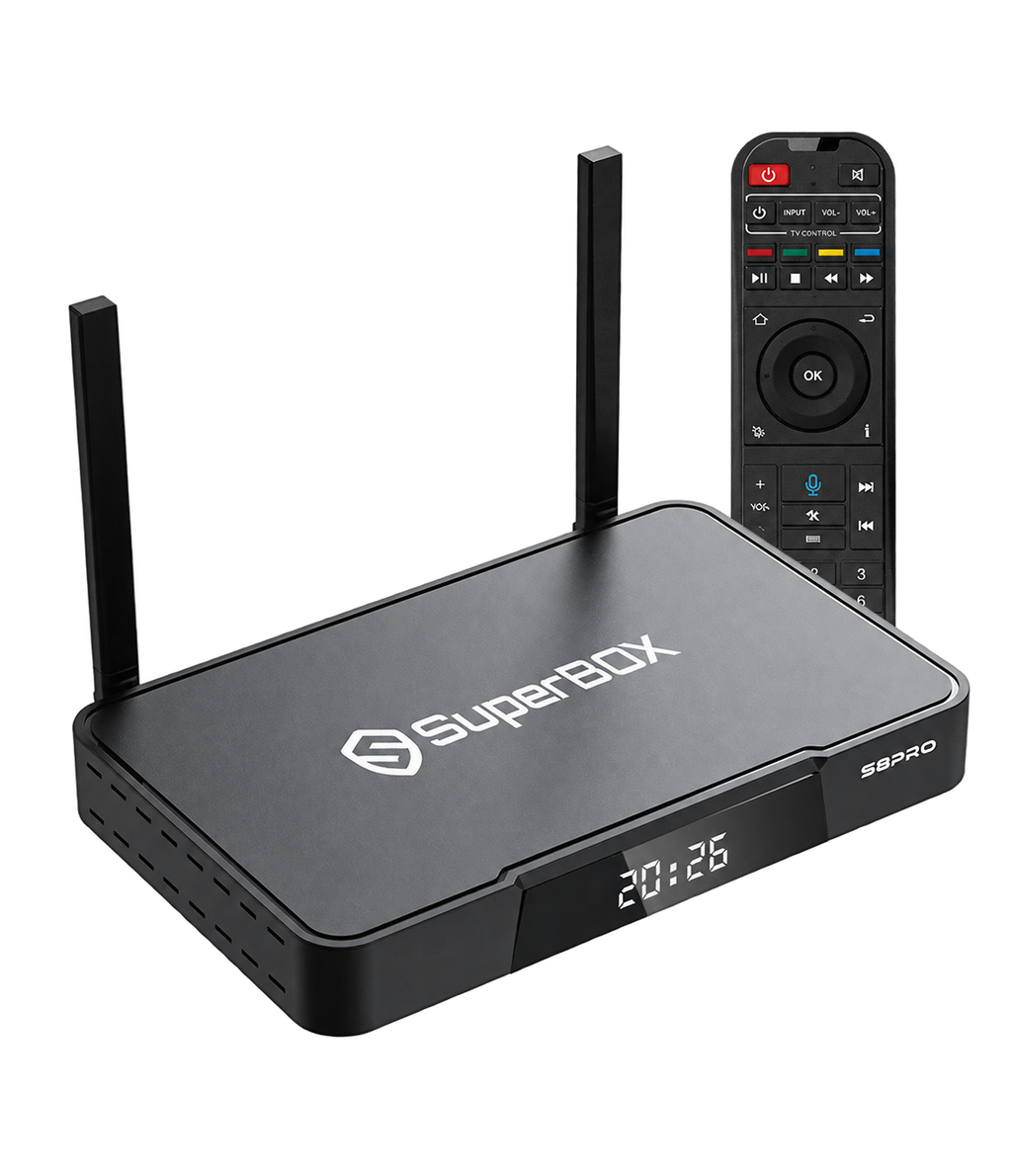 SuperBox S8 Pro streaming device and voice remote, isolated on a transparent background.