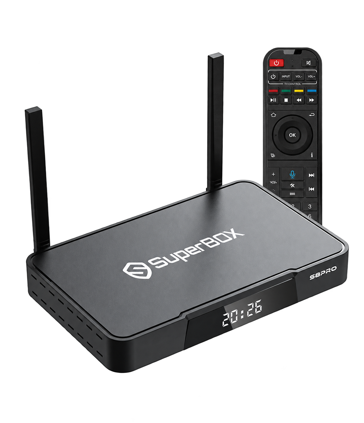 SuperBox S8 Pro streaming device and voice remote, isolated on a transparent background.