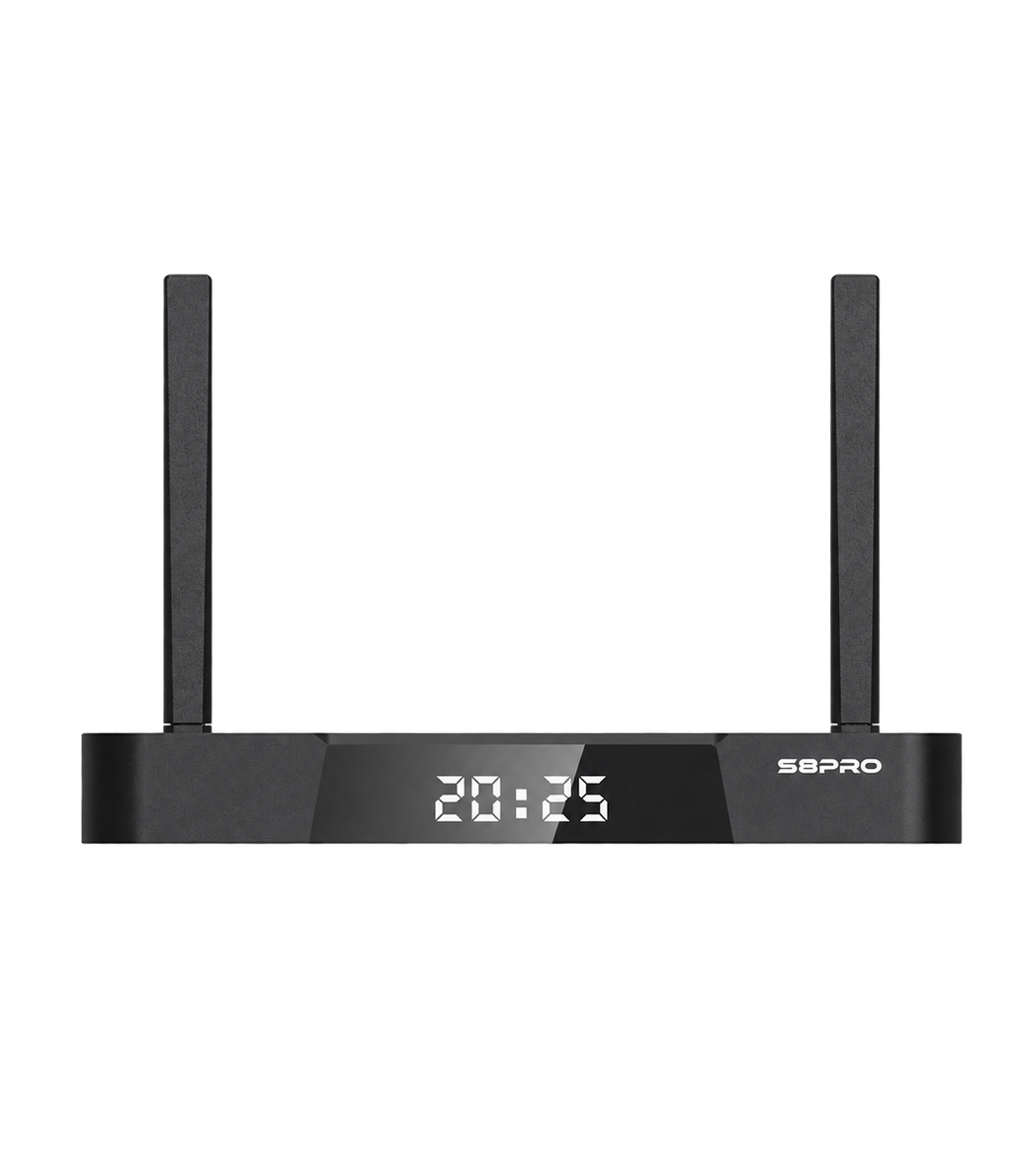 SuperBox S8 Pro front view with dual antennas, isolated on a transparent background.