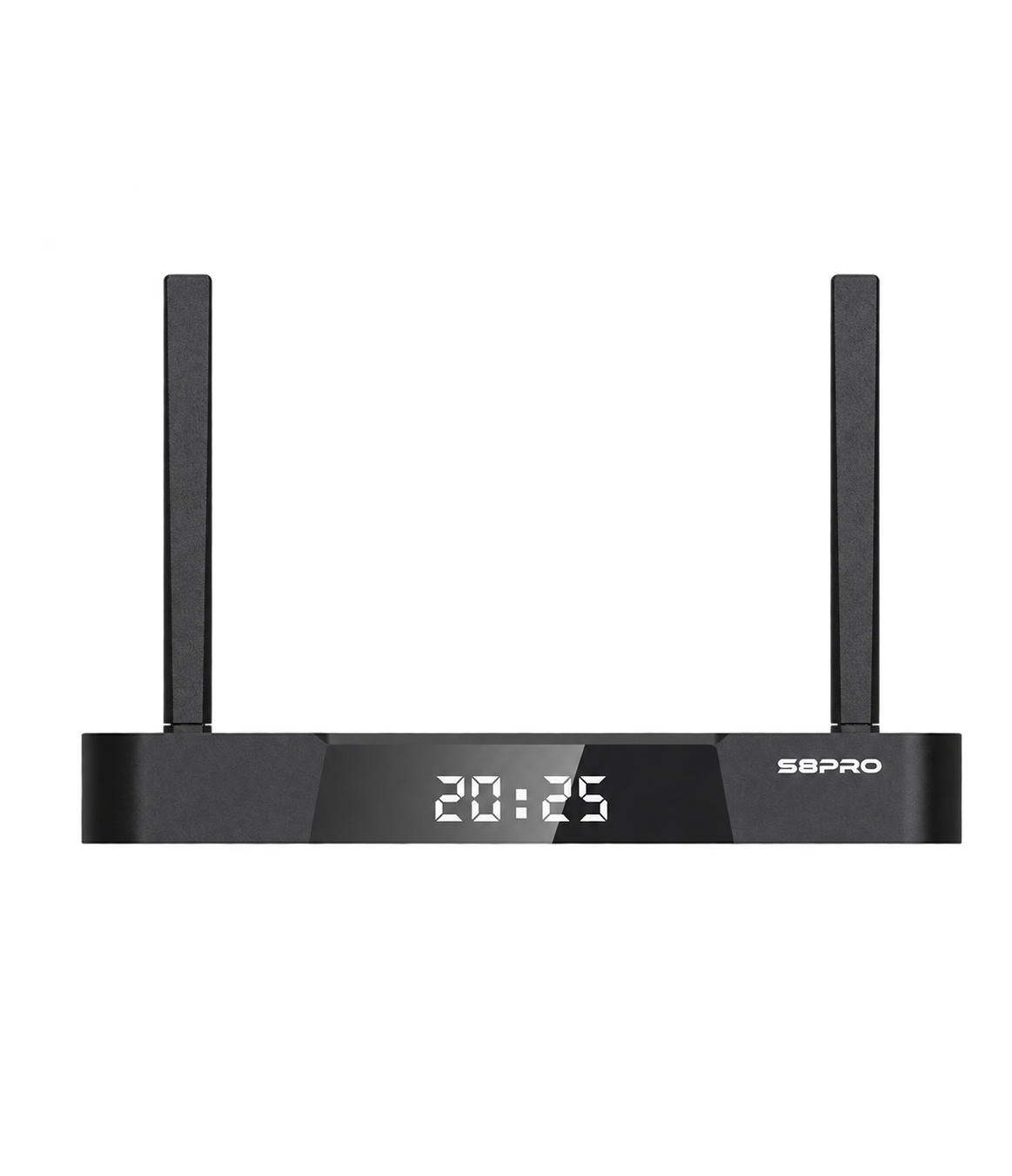SuperBox S8 Pro front view with dual antennas, isolated on a transparent background.