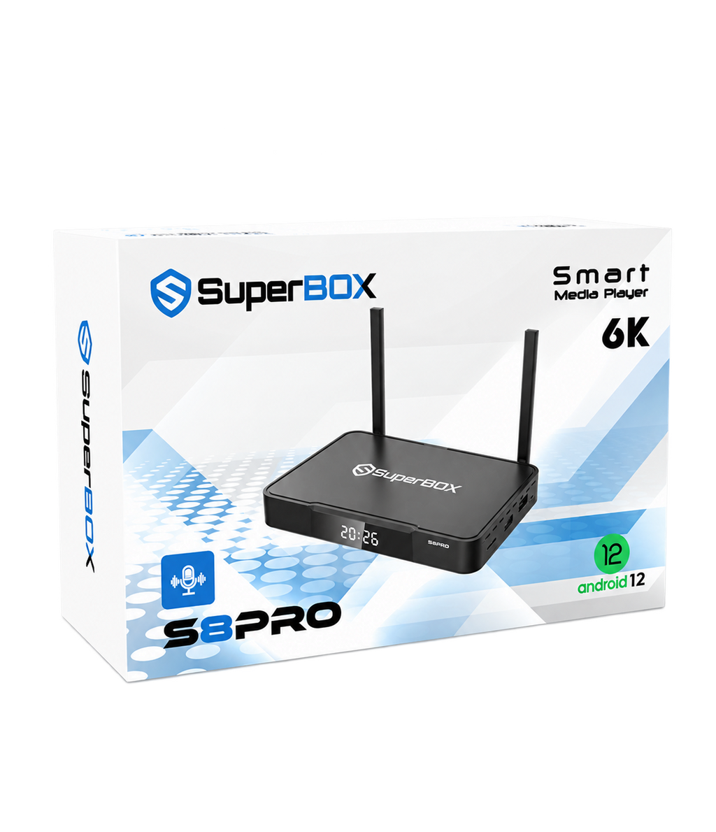 SuperBox S8 Pro retail packaging and streaming device, isolated on a transparent background.