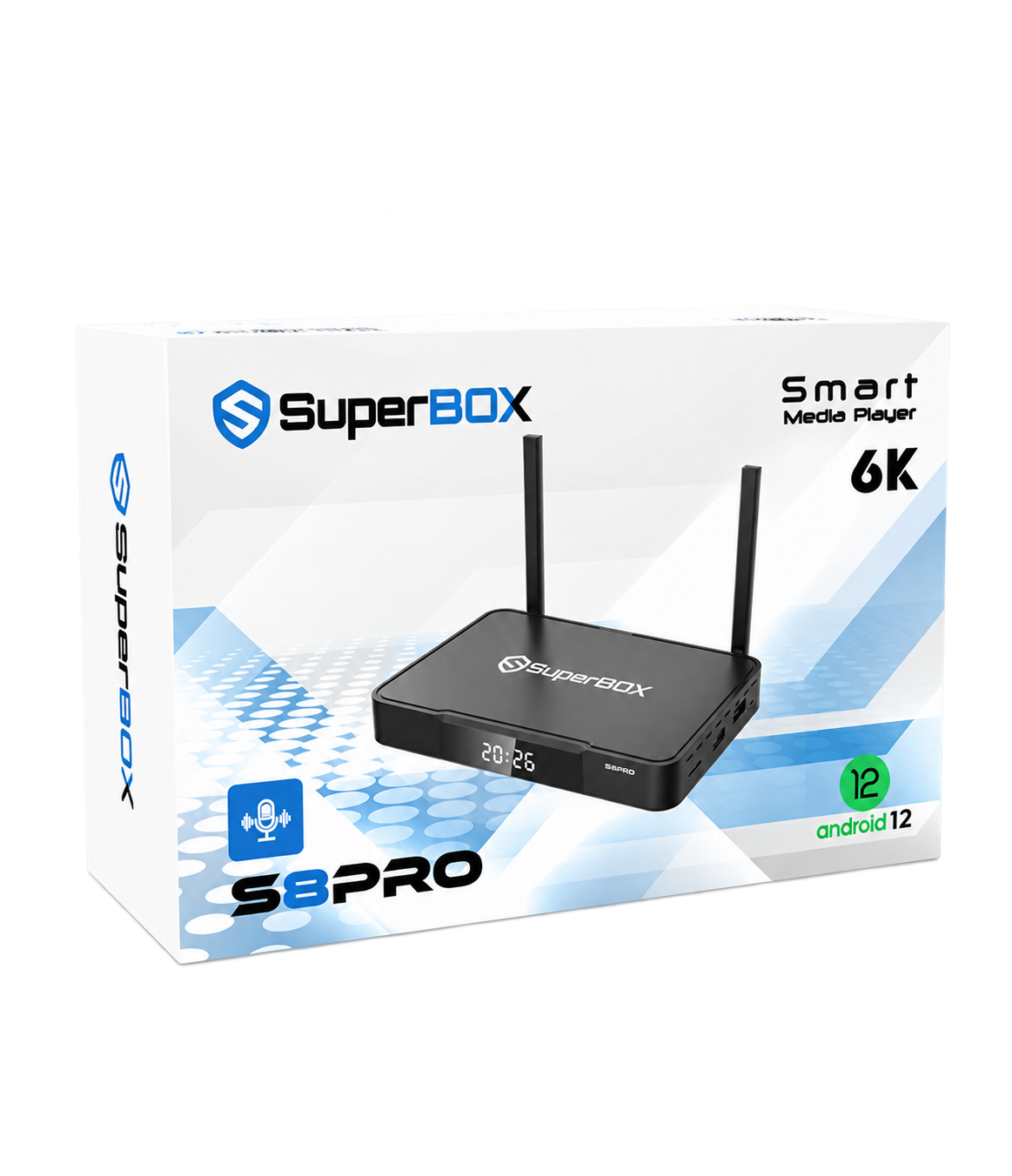 SuperBox S8 Pro retail packaging and streaming device, isolated on a transparent background.