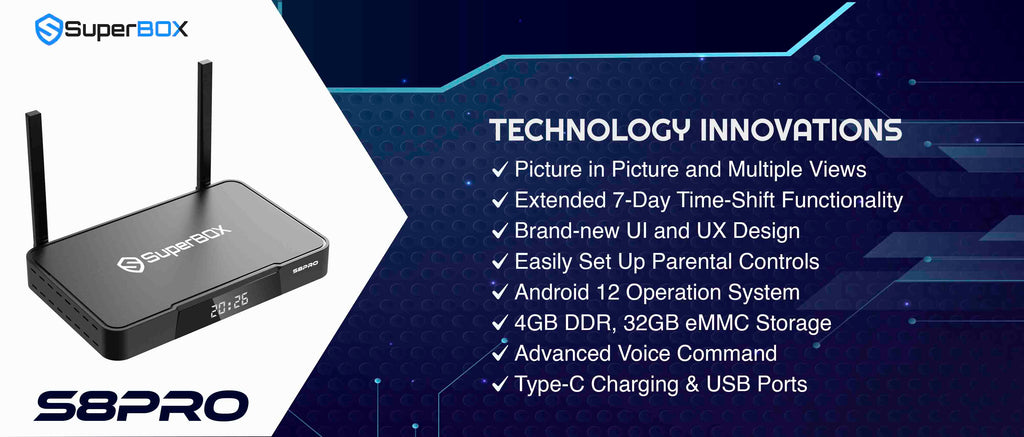 SuperBox S8 Pro landscape product features overview.