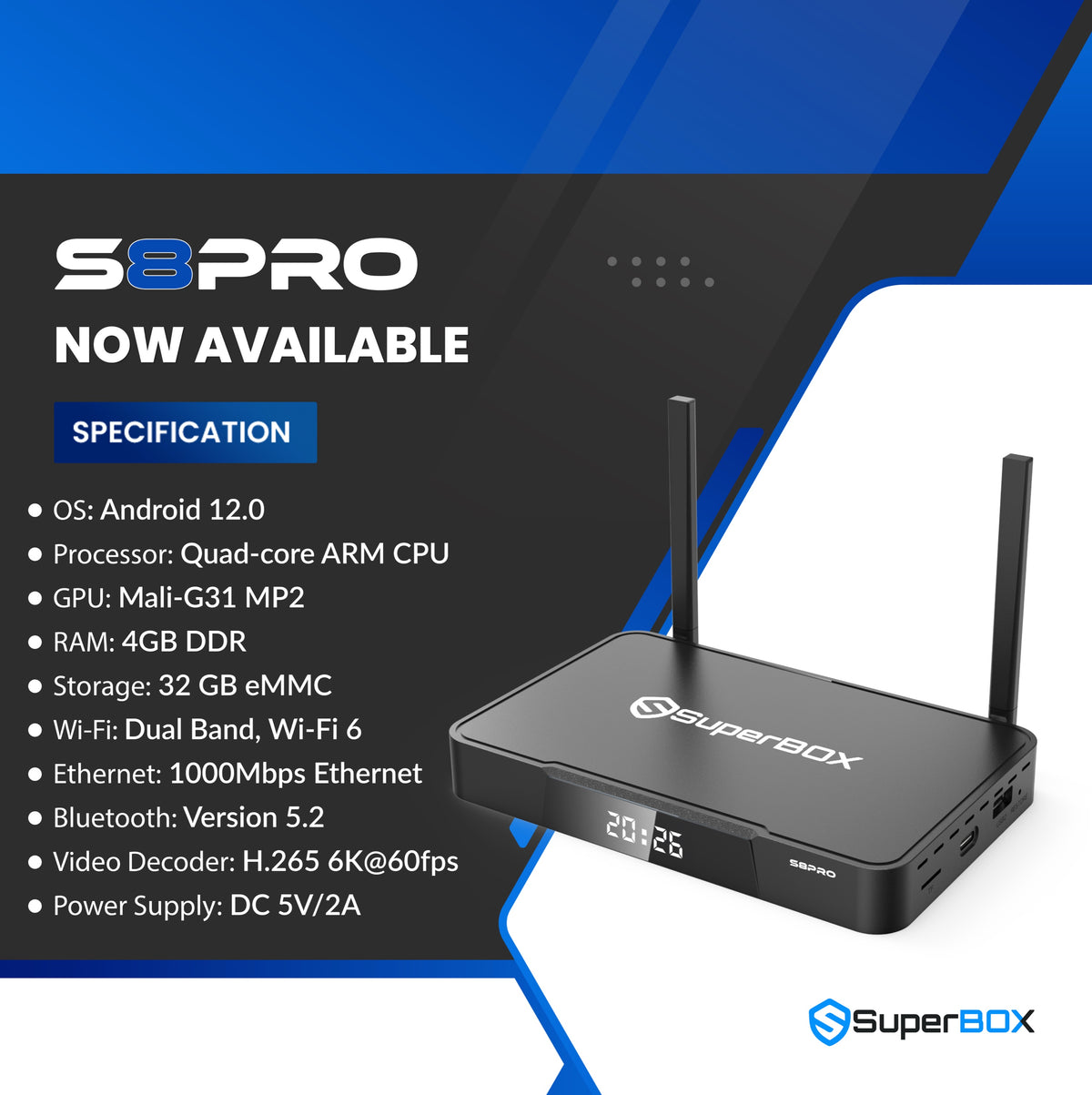 SuperBox S8 Pro technical specification sheet.