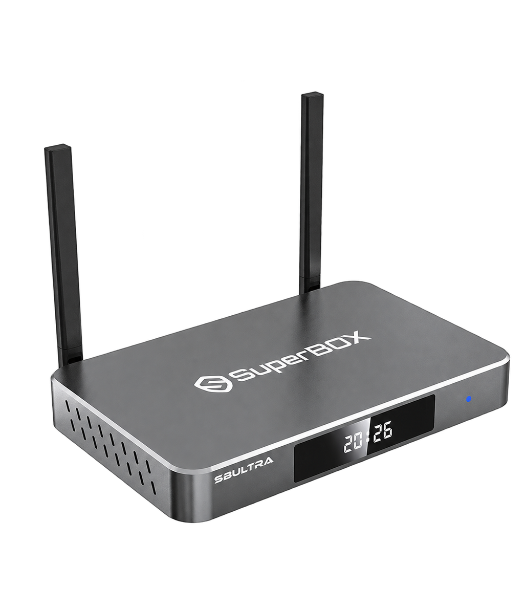 SuperBox S8 Ultra silver streaming device with dual antennas, isolated on a transparent background.