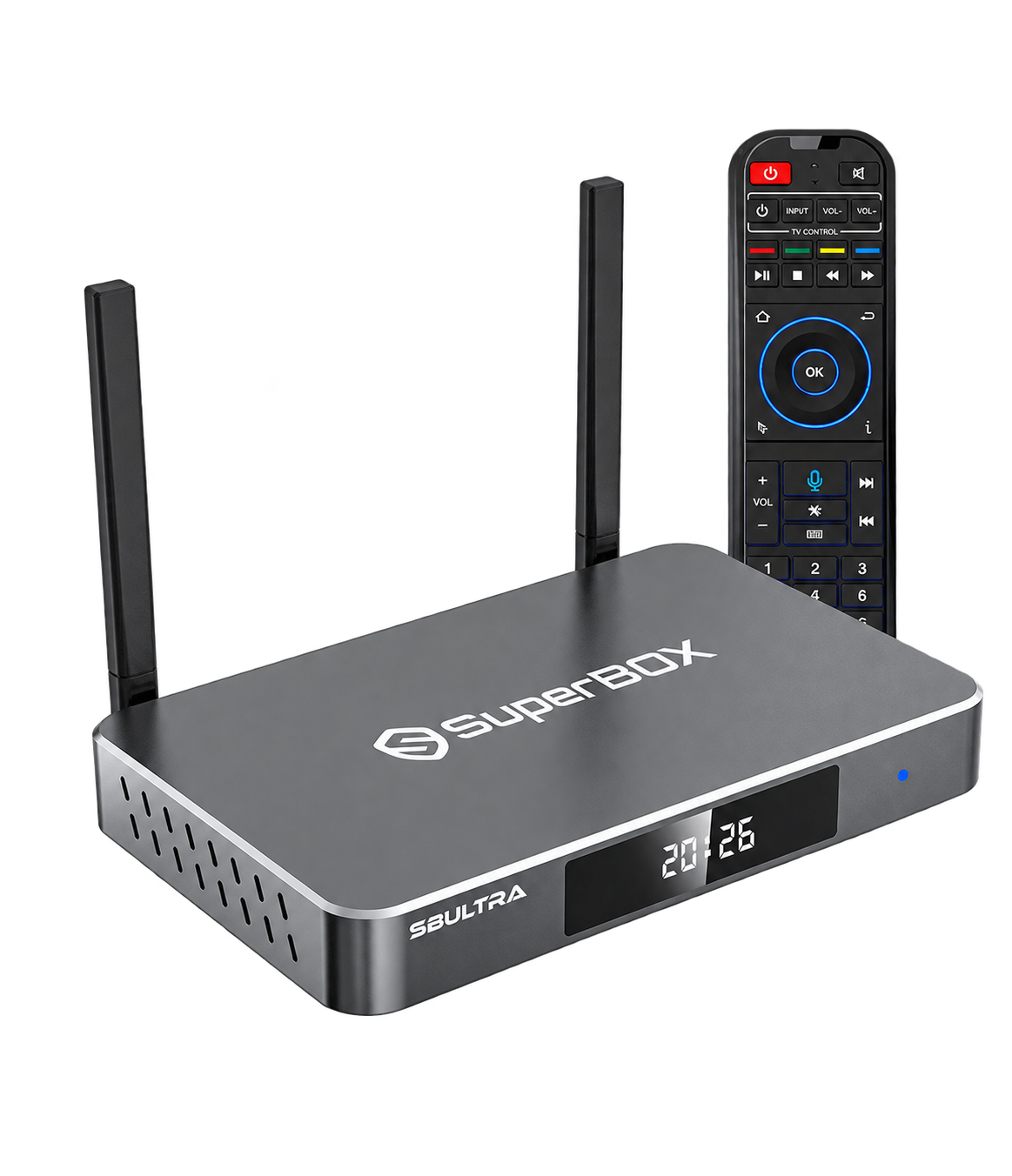 SuperBox S8 Ultra streaming device and voice remote, isolated on a transparent background.