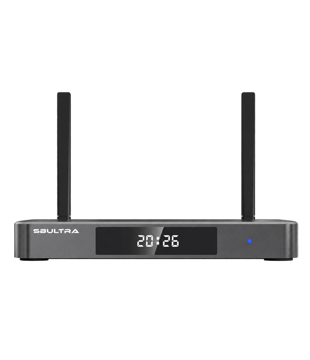 SuperBox S8 Ultra front view with dual antennas, isolated on a transparent background.