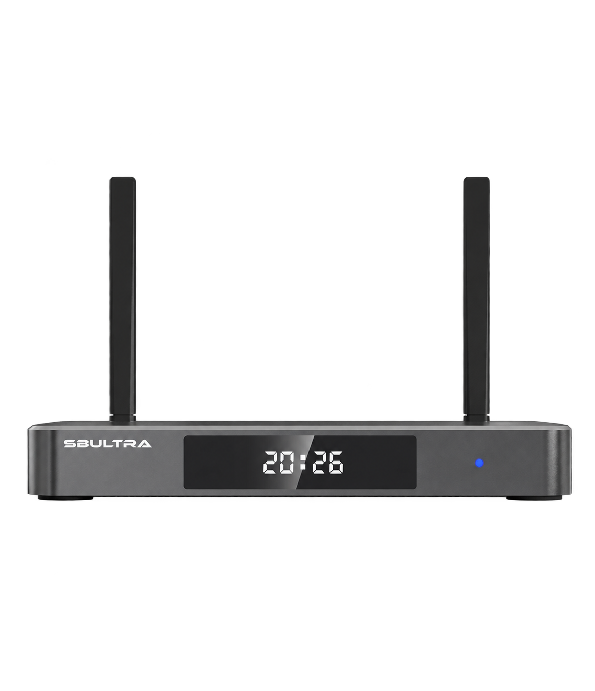SuperBox S8 Ultra front view with dual antennas, isolated on a transparent background.