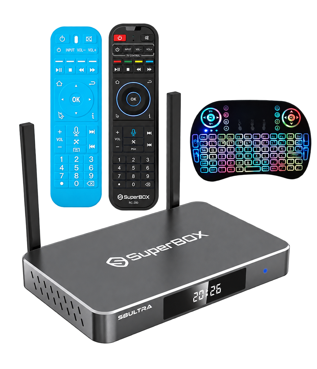 SuperBox S8 Ultra streaming device, remote and included accessories, isolated on a transparent background.