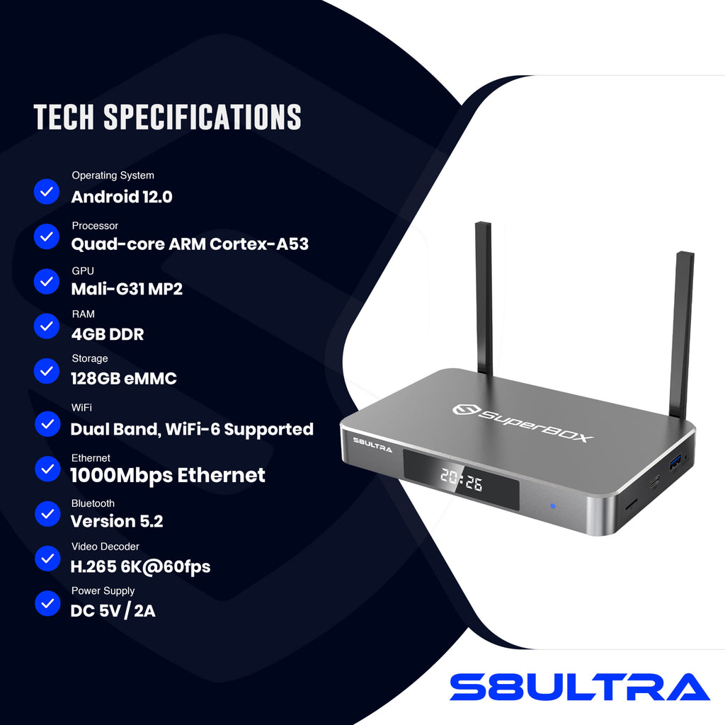 SuperBox S8 Ultra feature and specification chart.